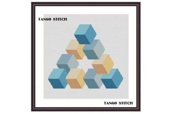 Blue Cubes Abstract Geometric Embroidery