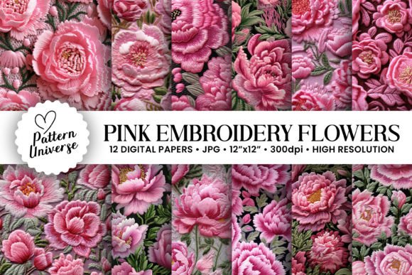Pink Embroidery Flowers Digital Papers